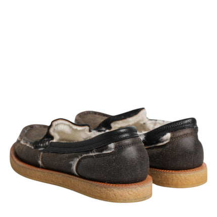 Dolce & Gabbana Brown White Calfskin Leather Loafers Shoes