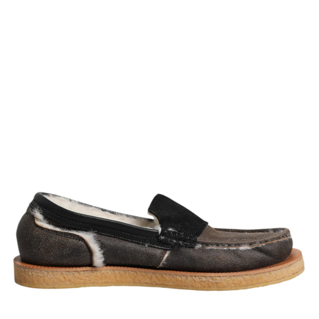 Dolce & Gabbana Brown White Calfskin Leather Loafers Shoes