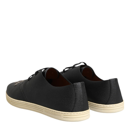 Dolce & Gabbana Black Leather Bee Crown Low Top Sneakers Shoes
