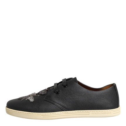 Dolce & Gabbana Black Leather Bee Crown Low Top Sneakers Shoes