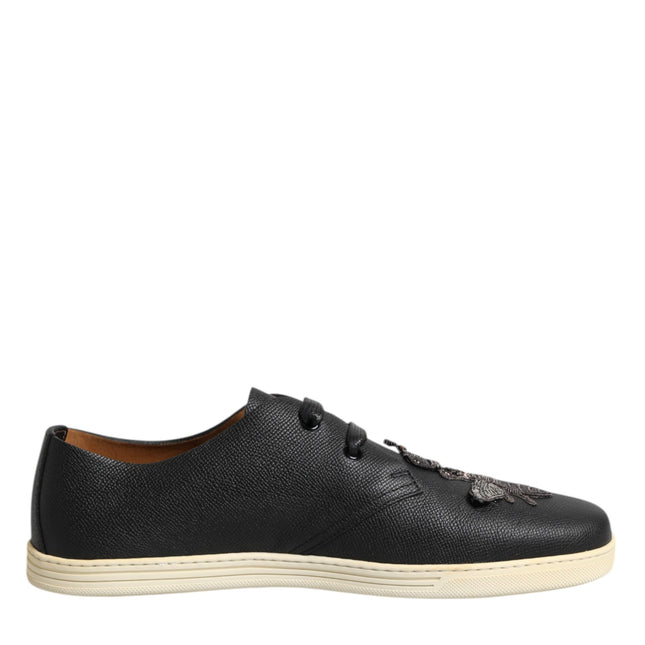 Dolce & Gabbana Black Leather Bee Crown Low Top Sneakers Shoes