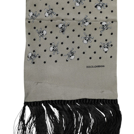 Dolce & Gabbana Gray Skulls Silk Fringes Men Foulard Scarf