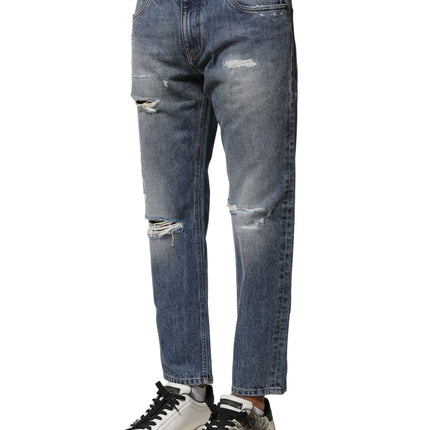 Dolce & Gabbana Blue Washed Tattered Straight Fit Denim Jeans