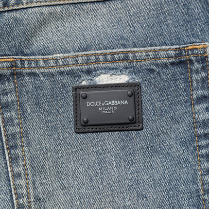 Dolce & Gabbana Blue Washed Tattered Straight Fit Denim Jeans