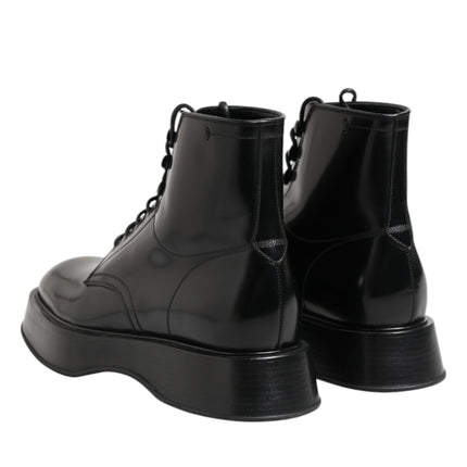 Dolce & Gabbana Black Leather Logo Ankle Boots Lace Up Shoes