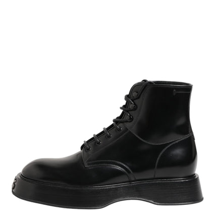 Dolce & Gabbana Black Leather Logo Ankle Boots Lace Up Shoes