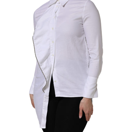 AGLINI White Cotton Collared Long Sleeves Ruffle Top Shirt