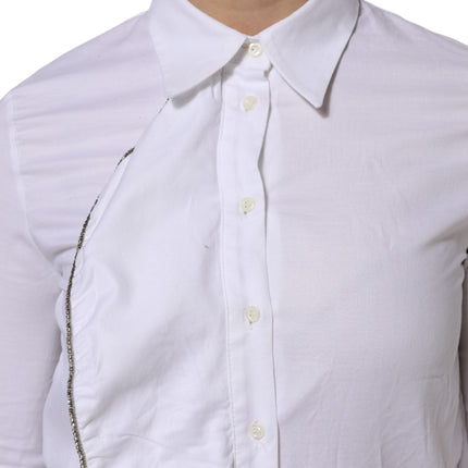 AGLINI White Cotton Collared Long Sleeves Ruffle Top Shirt