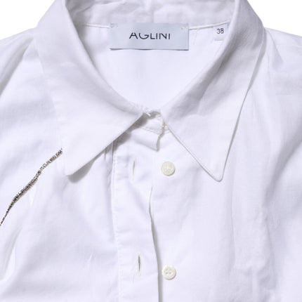 AGLINI White Cotton Collared Long Sleeves Ruffle Top Shirt