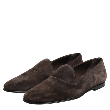 Dolce & Gabbana Brown Velvet Leather Slip On Loafers Shoes
