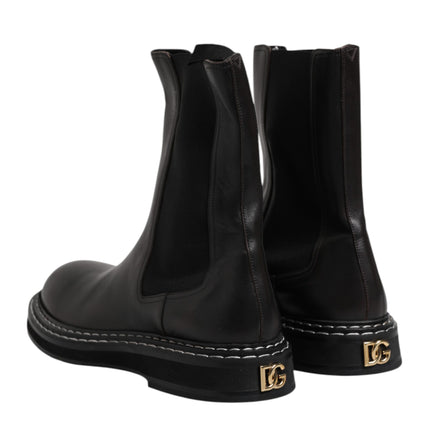 Dolce & Gabbana Black Leather Mid Calf Boots Flats Shoes