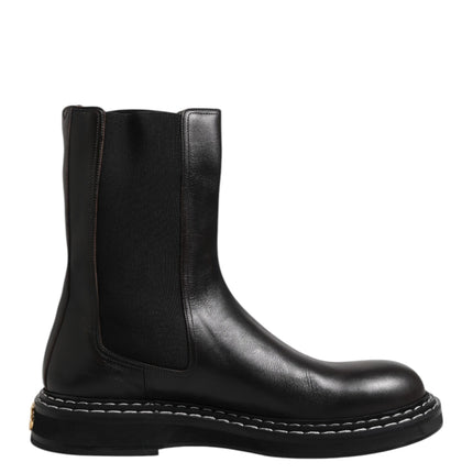 Dolce & Gabbana Black Leather Mid Calf Boots Flats Shoes