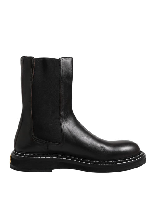 Dolce & Gabbana Black Leather Mid Calf Boots Flats Shoes Dolce & Gabbana