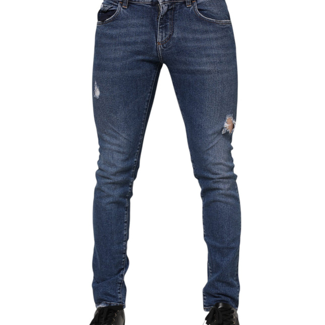 Dolce & Gabbana Blue Cotton Logo Plaque Skinny Men Denim Jeans