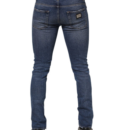 Dolce & Gabbana Blue Cotton Logo Plaque Skinny Men Denim Jeans