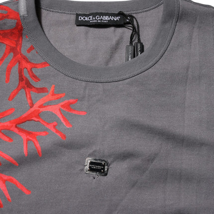 Dolce & Gabbana Gray Cotton Coral Print Logo Plaque T-shirt