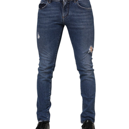 Dolce & Gabbana Blue Washed Skinny Cotton Tattered Denim Jeans