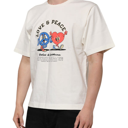Dolce & Gabbana White Love Peace Cotton Men Crew Neck T-shirt