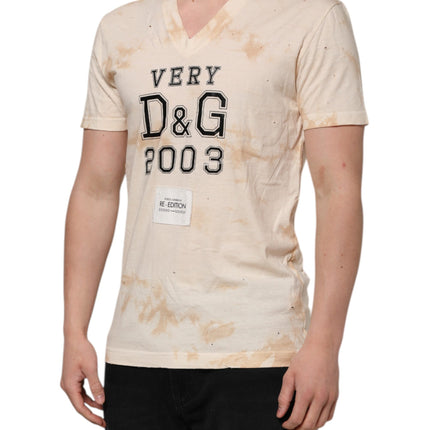Dolce & Gabbana Beige Logo Print Short Sleeve V-neck T-shirt