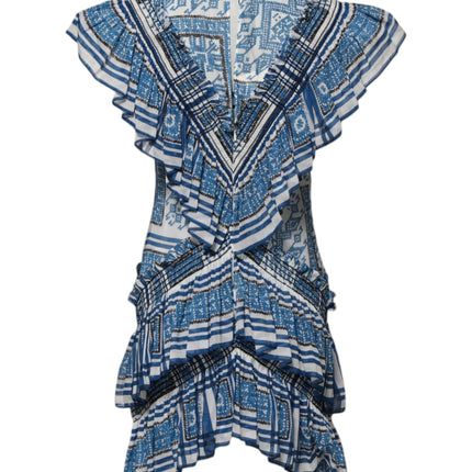 Philosophy di Lorenzo Serafini Blue Patterned Layered Short Sleeves Mini Dress
