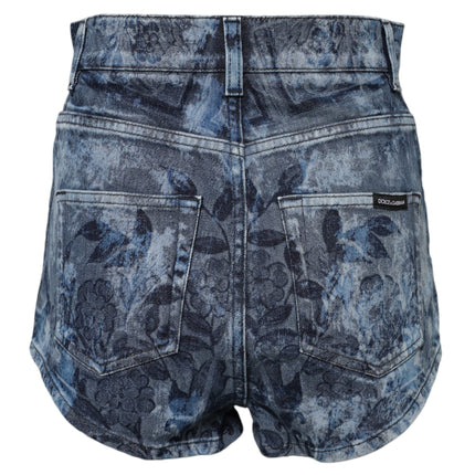 Dolce & Gabbana Blue Floral Print Denim Cotton Hot Pants Shorts