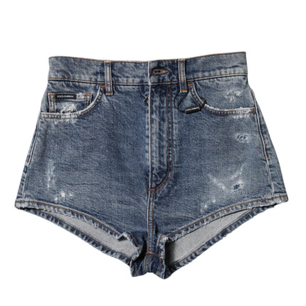 Dolce & Gabbana Blue Tattered Denim Cotton Hot Pants Shorts
