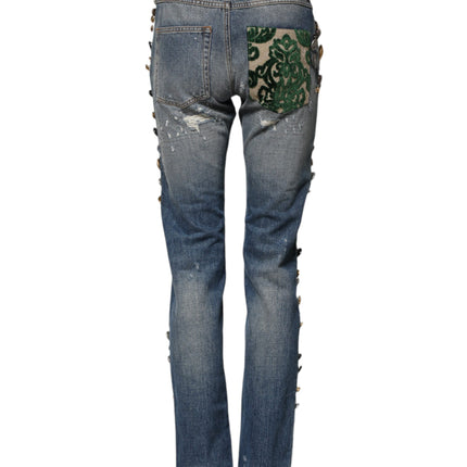 Dolce & Gabbana Blue Embellished Tattered SkinnyDenim Jeans