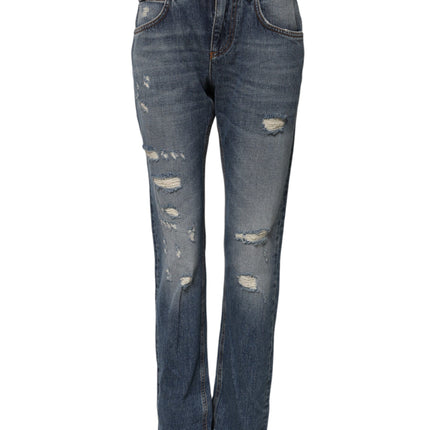 Dolce & Gabbana Blue Cotton Tattered Mid Waist Denim Jeans