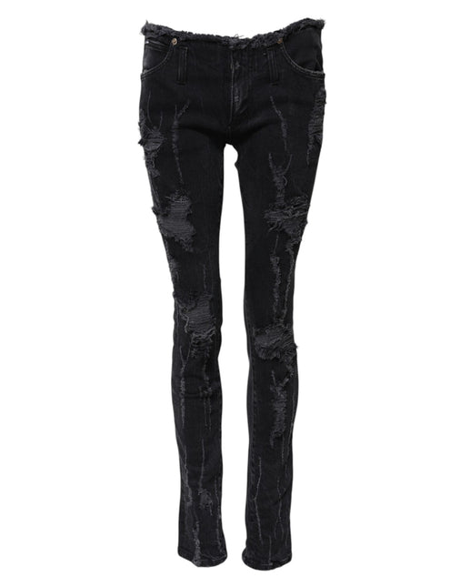 Dolce & Gabbana Black Cotton Tattered Skinny Denim Jeans Dolce & Gabbana