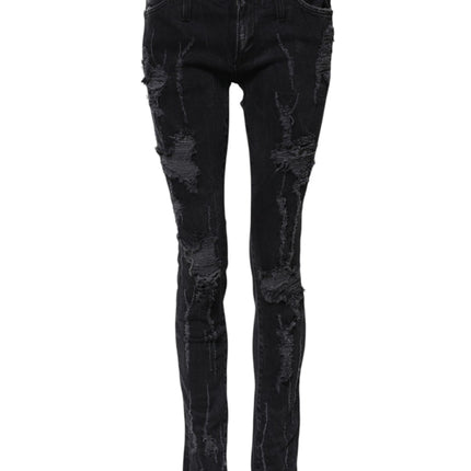 Dolce & Gabbana Black Cotton Tattered Skinny Denim Jeans