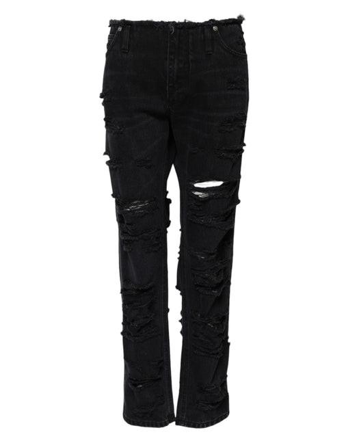 Dolce & Gabbana Black Cotton Tattered Mid Waist Denim Jeans Dolce & Gabbana