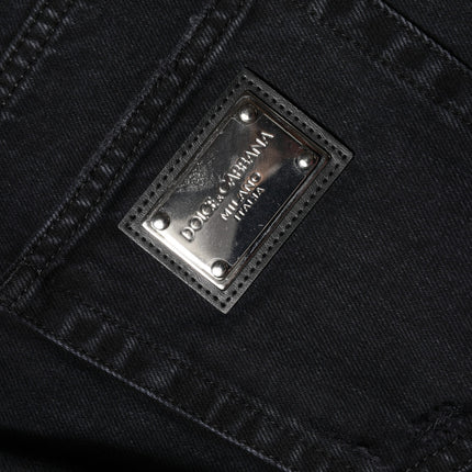 Dolce & Gabbana Black Cotton Tattered Mid Waist Denim Jeans