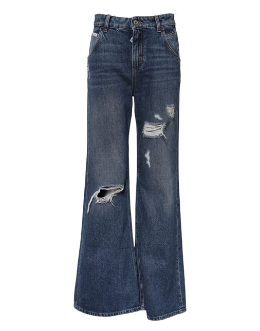 Dolce & Gabbana Blue Cotton Wide Leg Tattered Denim Jeans Dolce & Gabbana