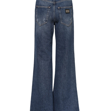 Dolce & Gabbana Blue Cotton Wide Leg Tattered Denim Jeans
