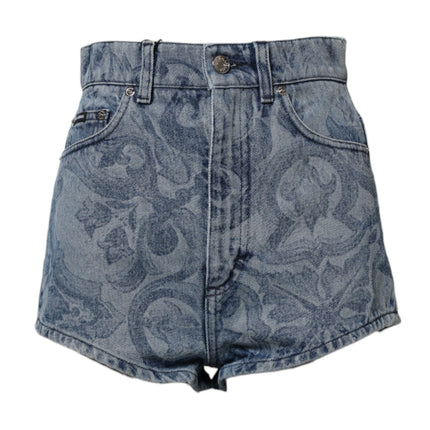 Dolce & Gabbana Blue Floral Print Denim Cotton Hot Pants Shorts