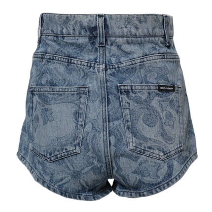Dolce & Gabbana Blue Floral Print Denim Cotton Hot Pants Shorts