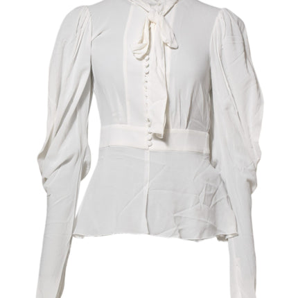 Dolce & Gabbana White Viscose Ascot Collar Long Sleeves Top