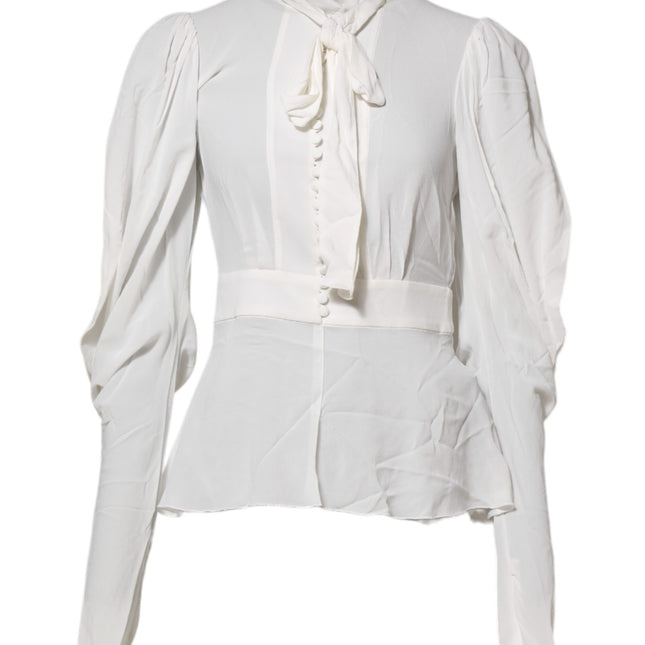 Dolce & Gabbana White Viscose Ascot Collar Long Sleeves Top