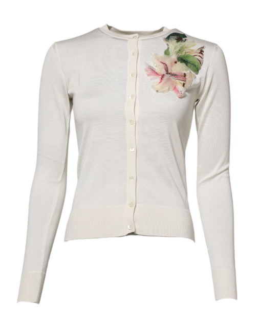 Dolce & Gabbana White Silk Lily Buttoned Cardigan Sweater Dolce & Gabbana