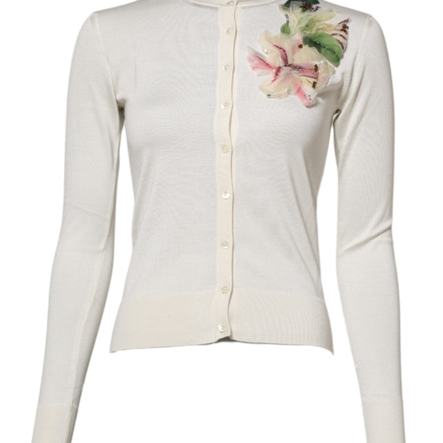 Dolce & Gabbana White Silk Lily Embellished Cardigan Sweater