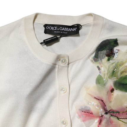 Dolce & Gabbana White Silk Lily Embellished Cardigan Sweater