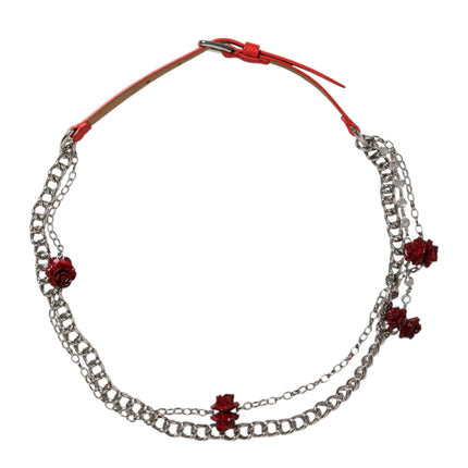 Dolce & Gabbana Red Leather Silver Chain Floral Cintura Belt