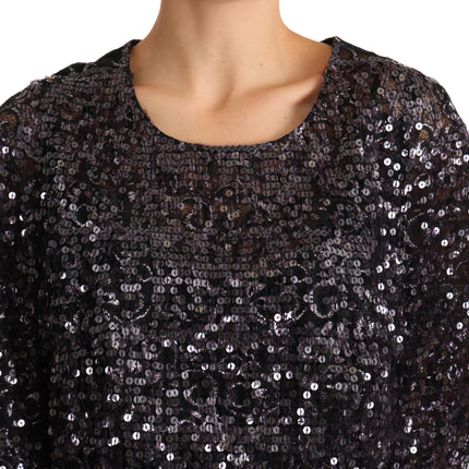 Dolce & Gabbana Black Sequined Long Sleeve Shift Midi Dress