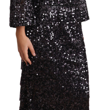 Dolce & Gabbana Black Sequined Long Sleeve Shift Midi Dress
