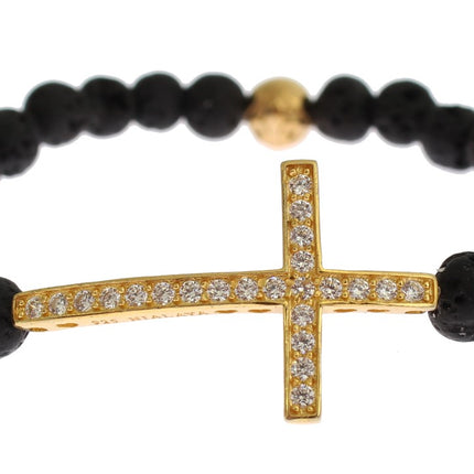 Nialaya Lava Stone Gold Clear CZ Cross 925 Silver Bracelet
