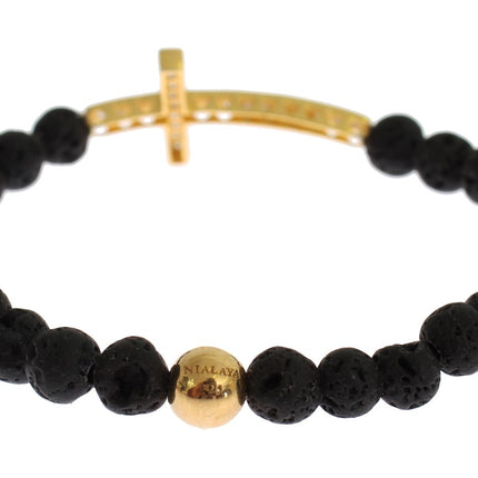 Nialaya Lava Stone Gold Clear CZ Cross 925 Silver Bracelet