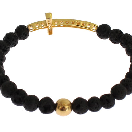 Nialaya Lava Stone Gold Clear CZ Cross 925 Silver Bracelet