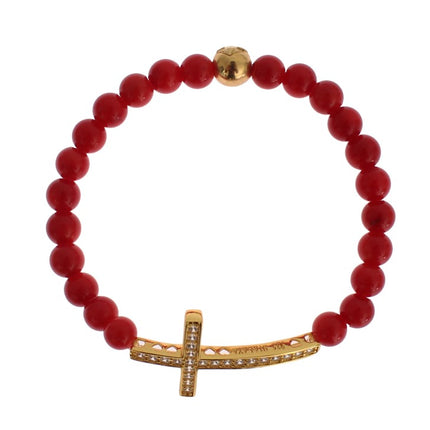 Nialaya Red Coral Gold CZ Cross 925 Silver Bracelet
