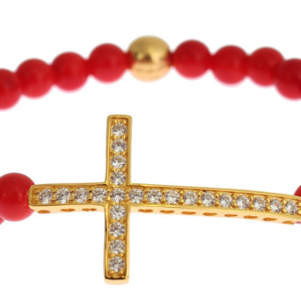 Nialaya Red Coral Gold CZ Cross 925 Silver Bracelet