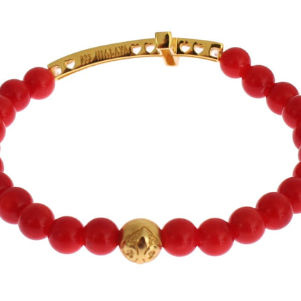 Nialaya Red Coral Gold CZ Cross 925 Silver Bracelet